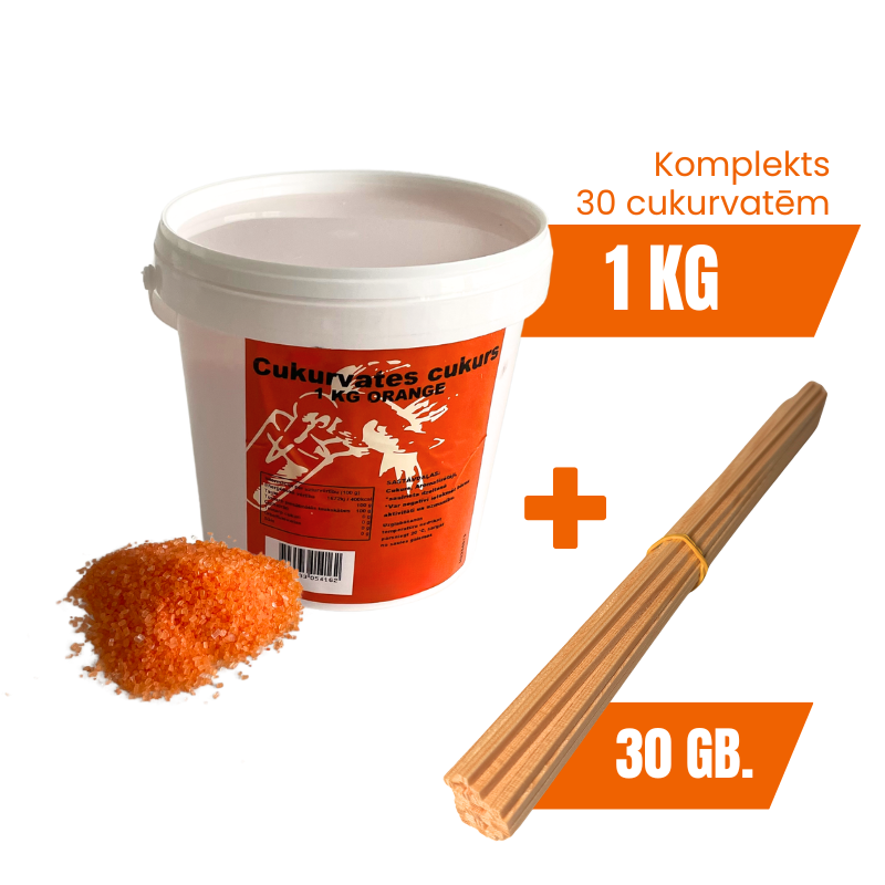 Cukurvates izejvielu komplekts – 1 kg cukurs (oranžs) + 30 kociņi (28 cm)