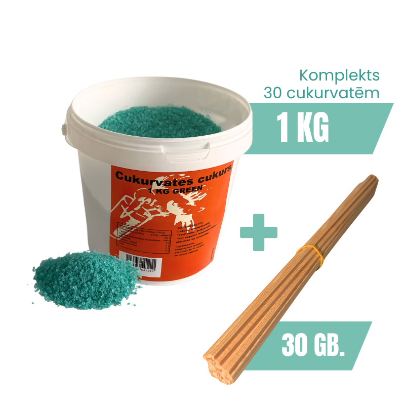 Cukurvates izejvielu komplekts – 1 kg cukurs (zaļš) + 30 kociņi (28 cm)